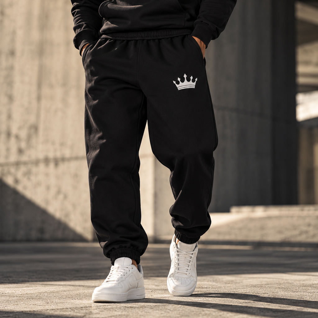 A man wearing a black hoodie, black jogger sweatpants with a white crown logo, and white sneakers, standing in an outdoor concrete environment.