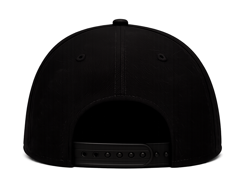 The back view of a black snapback cap with a subtle tonal textured pattern, shown on a solid white background.