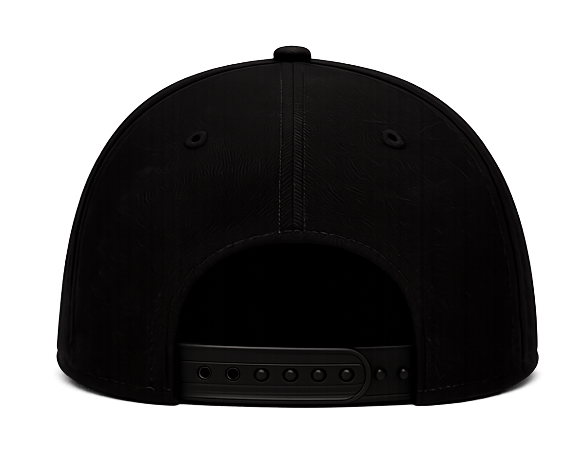The back view of a black snapback cap with a subtle tonal textured pattern, shown on a solid white background.
