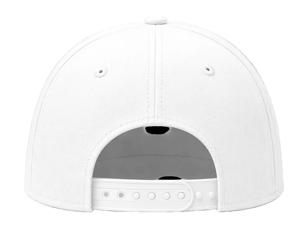 White baseball cap shown from the back on a transparent checkerboard background.
