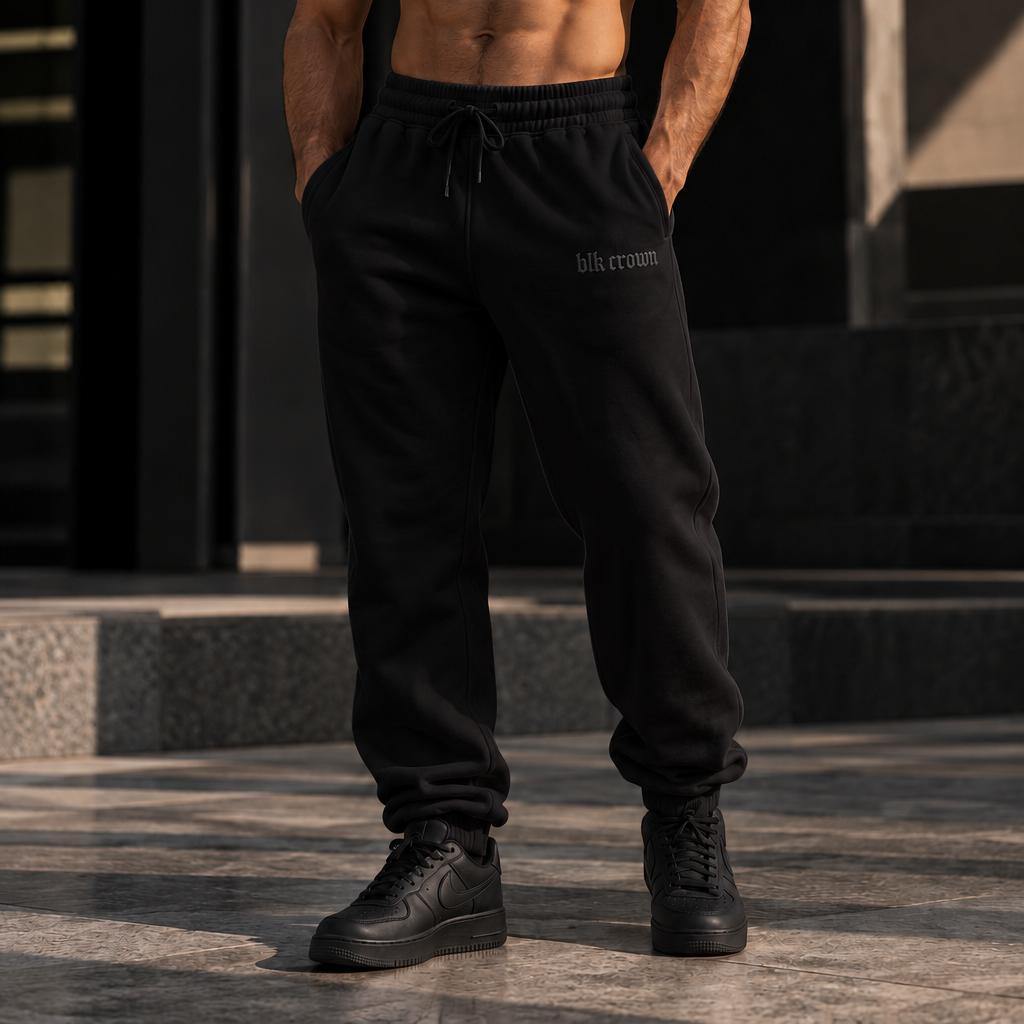  black jogger sweatpants with a small black logo on the left thigh, black sneakers, and a black cap, standing outdoors in front of a modern building.