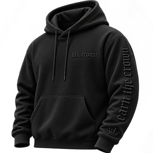 A black pullover hoodie with 'blk crown' printed on the chest and 'earn the crown' in gothic-style lettering down the right sleeve, shown on a plain white background.