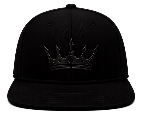 A black flat-brim baseball cap featuring a tonal black crown patch with a stylized crown emblem, shown against a plain white background.