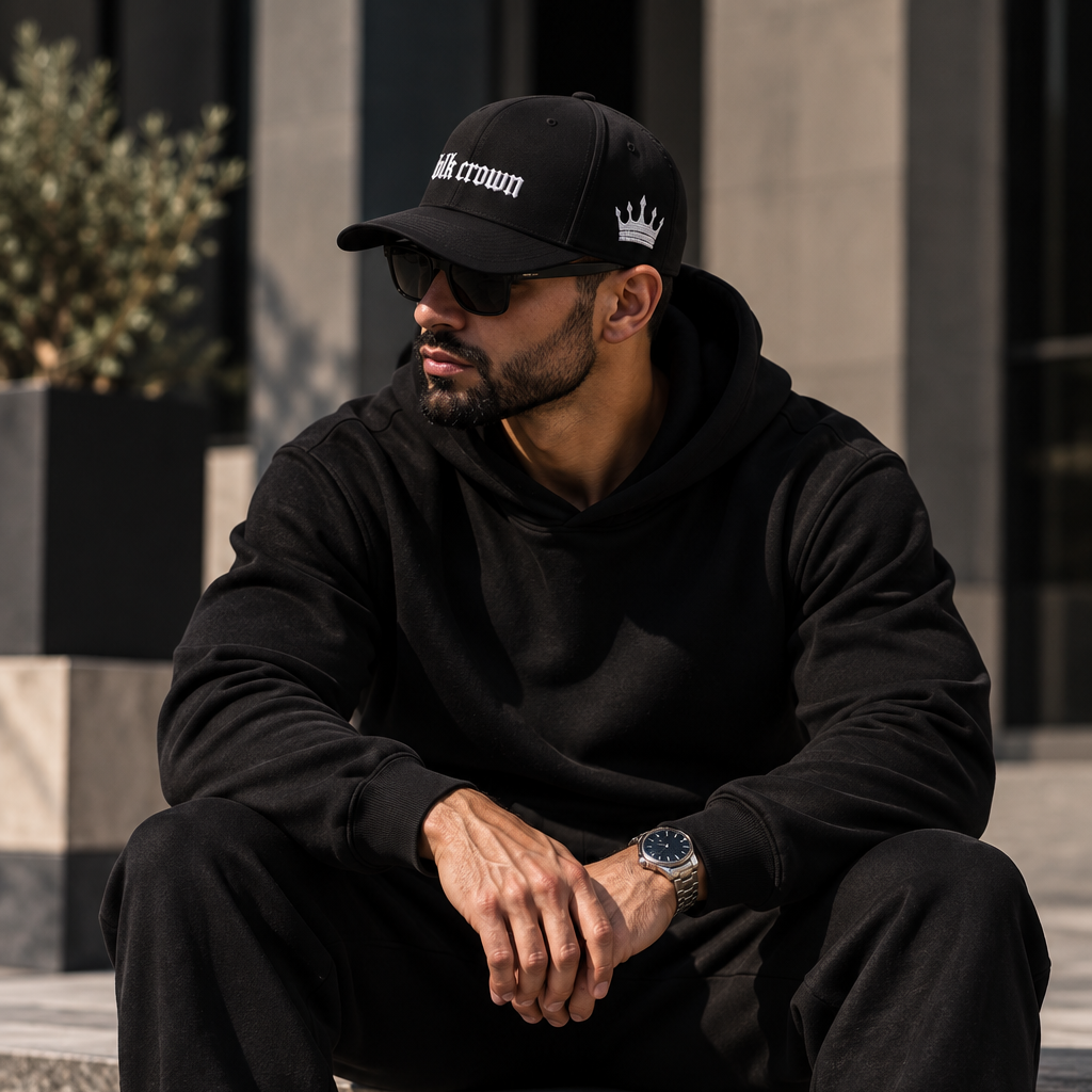 A man wearing a black hoodie, black sweatpants, a black baseball cap with a white crown logo, and white sneakers sits on a stone ledge in an outdoor urban setting.