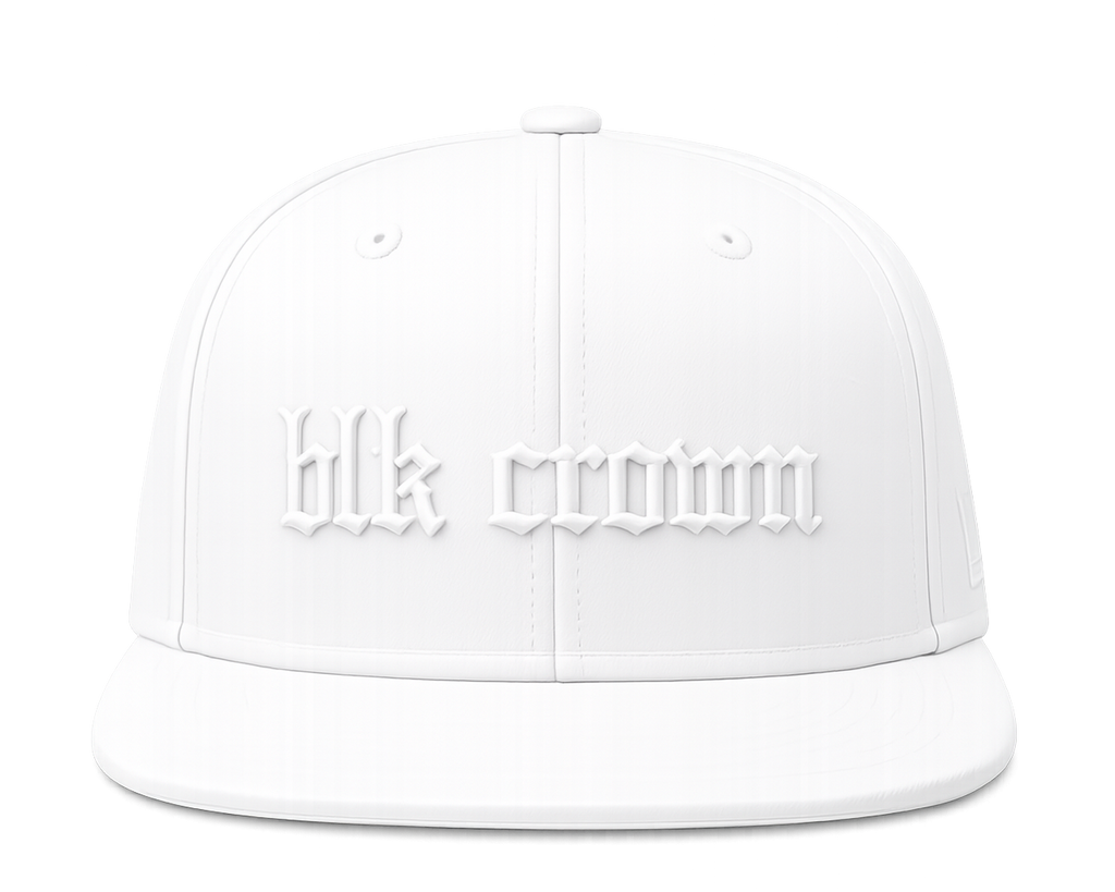 A white structured baseball cap with a flat brim, featuring the text 'blk crown' in a raised, gothic-style font on the front panel, set against a plain white background.
