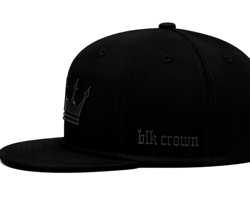 A black flat-brim snapback cap with a tonal black crown embroidery featuring a crown graphic and the text 'blk crown' on the side, shown against a plain white background.