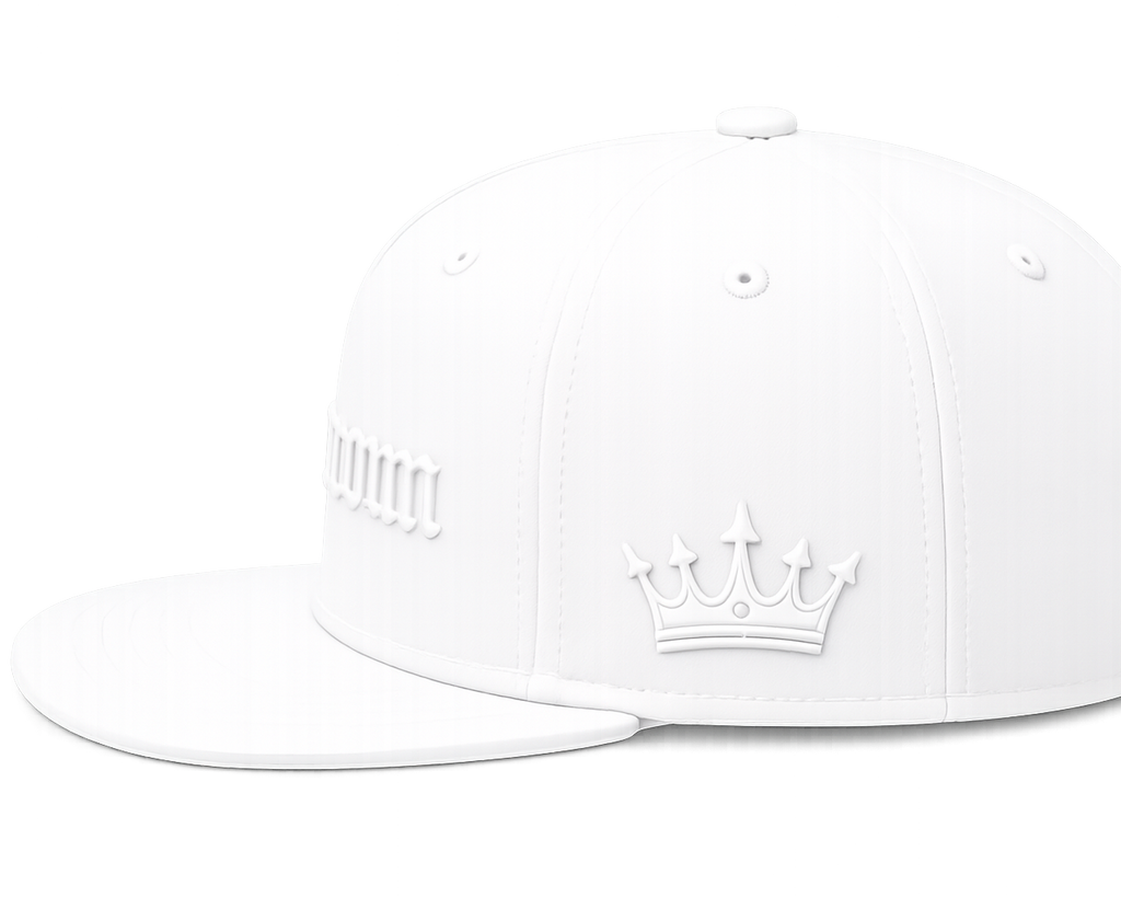 A white structured baseball cap with a flat brim, featuring an embossed crown logo on the front and a small white graphic on the side, photographed on a seamless white background.