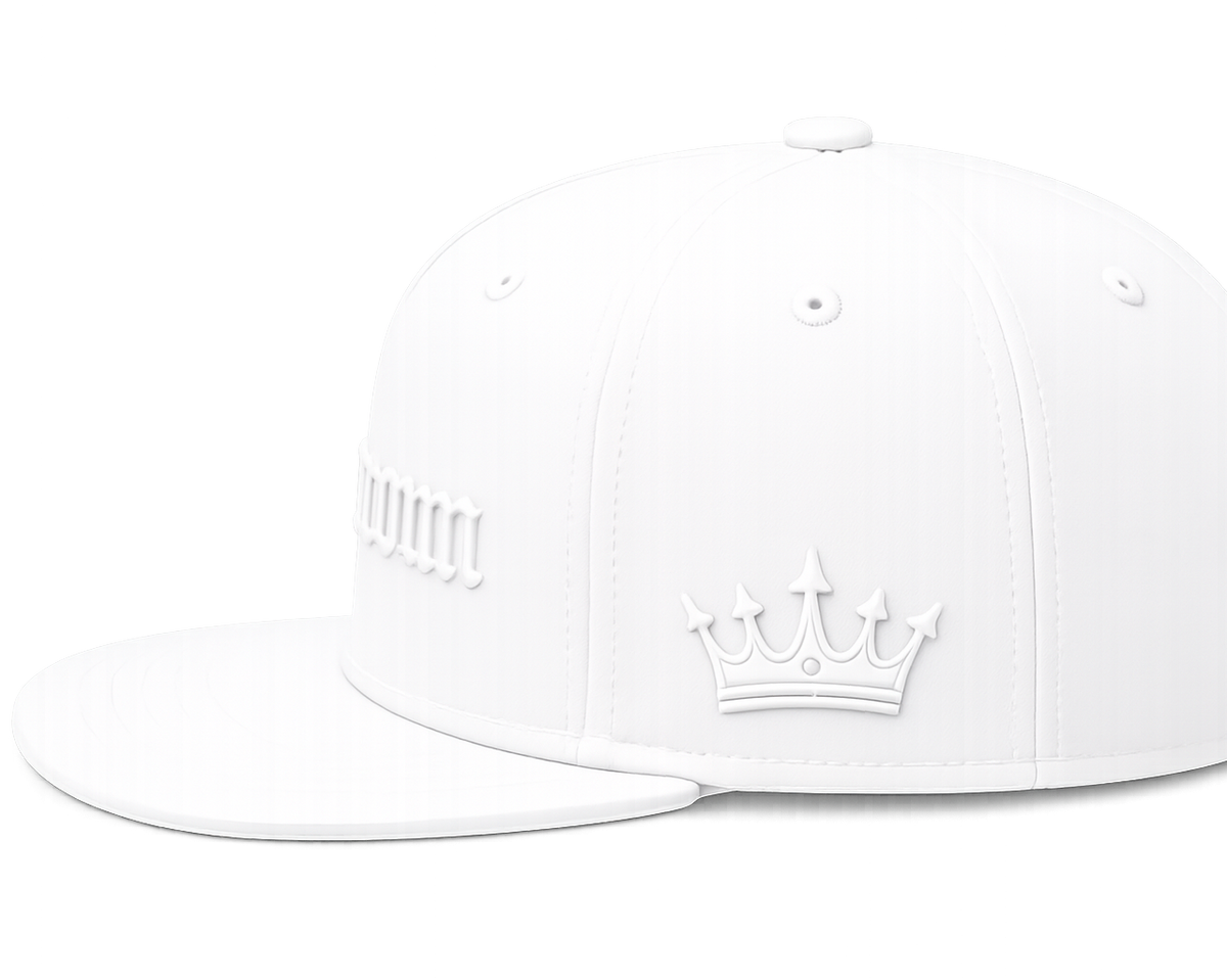 A white structured baseball cap with a flat brim, featuring an embossed crown logo on the front and a small white graphic on the side, photographed on a seamless white background.