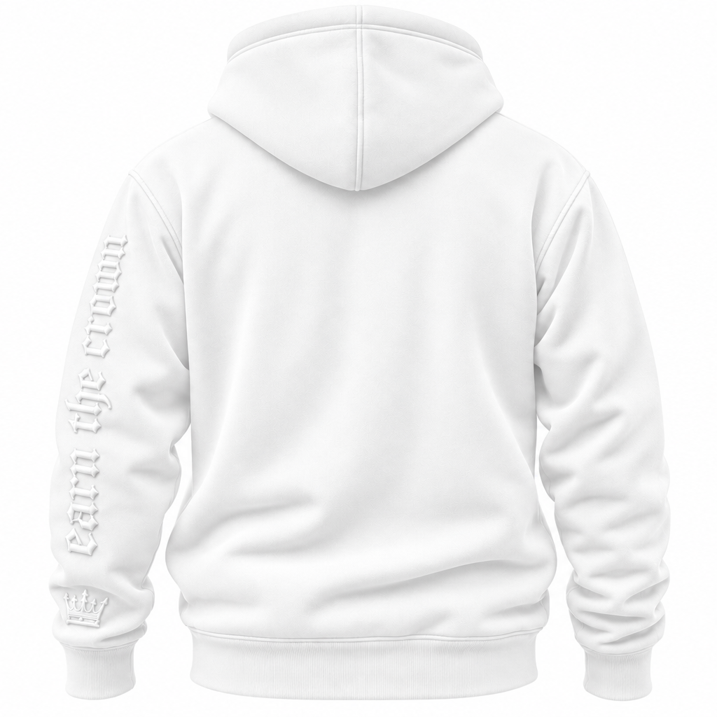 White pullover hoodie shown from the back, featuring a vertical tonal gray 'Earn the Crown' text design on the left sleeve.