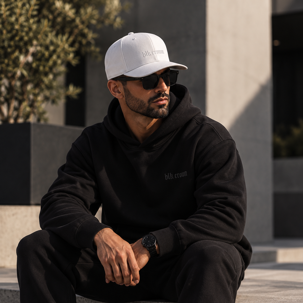 A man wearing a black hoodie and black sweatpants sits on concrete steps outdoors, paired with a white baseball cap, sunglasses, and white sneakers.