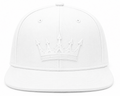 A white structured baseball cap with a matching white embossed crown design on the front, set against a plain white background.