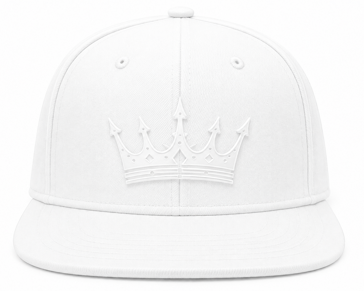 A white structured baseball cap with a matching white embossed crown design on the front, set against a plain white background.