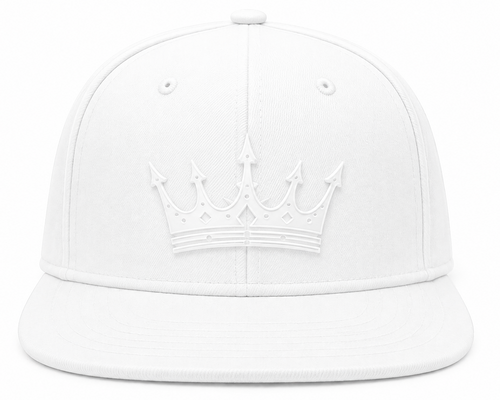 A white structured baseball cap with a matching white embossed crown design on the front, set against a plain white background.