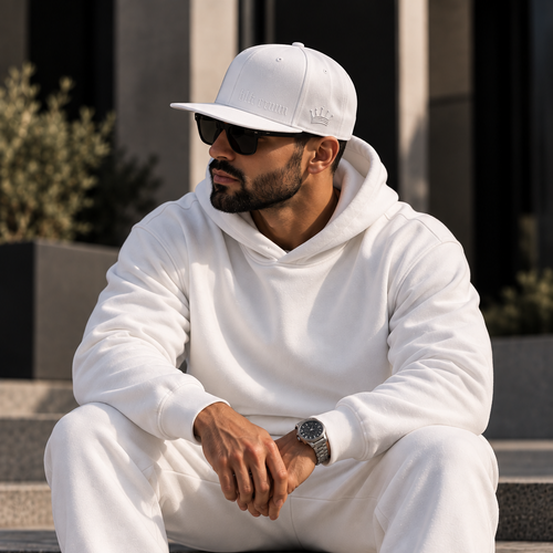 A man wearing a matching white hoodie and jogger sweatpants set sits on outdoor stone steps, styled with a white cap, sunglasses, a watch, and white sneakers.